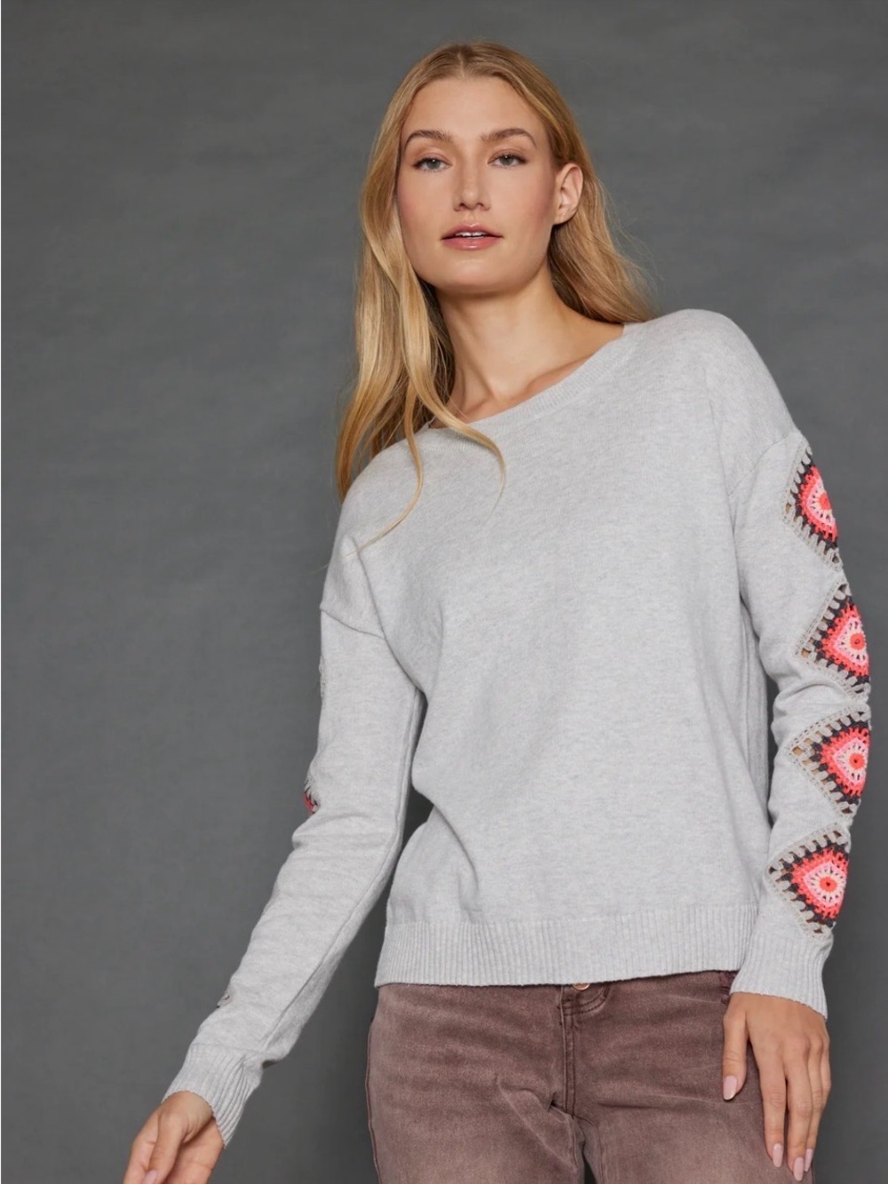 Lisa Todd Cashmere Blend Boho Chic Sweater with Neon Pink Crochet Sleeve Motifs